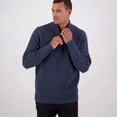 Men’s blue Swanndri Chalky Island waffle jumper with quarter-zip for cozy style