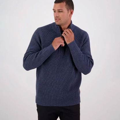 Men’s blue Swanndri Chalky Island waffle jumper with quarter-zip for cozy style