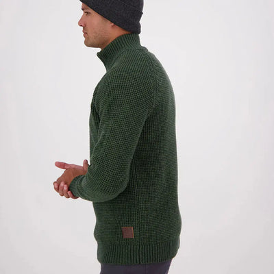 Men’s dark green Swanndri Chalky Island Waffle Jumper with mock neck and ribbed cuffs