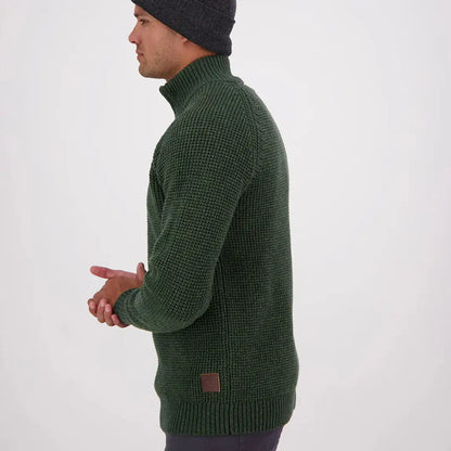 Men’s dark green Swanndri Chalky Island Waffle Jumper with mock neck and ribbed cuffs