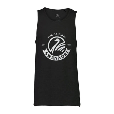 Black tank top with a white logo and swan design from the Swanndri Classic V2 Printed Singlet