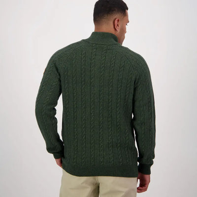 Dark green quarter zip cable-knit sweater back view, perfect for country clothing and hunting