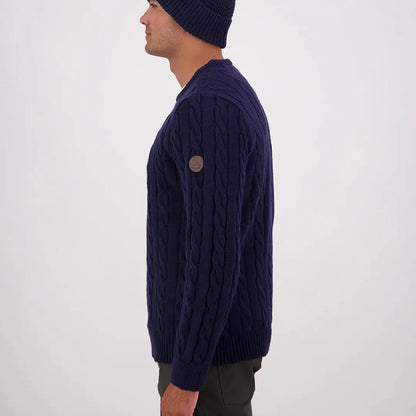 Men’s navy blue Swanndri Doncaster Mens cable knit crew sweater with brown patch on arm