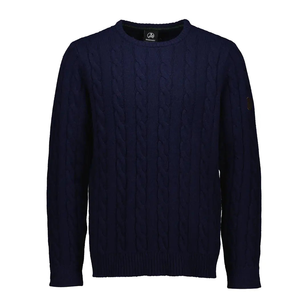 Men’s navy blue cable-knit crewneck sweater.