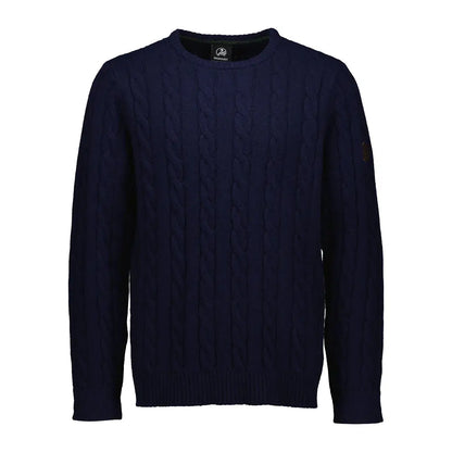 Men’s navy blue cable-knit crewneck sweater.