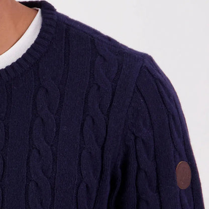 Swanndri Doncaster Mens cable knit crew sweater with white undershirt and brown patch