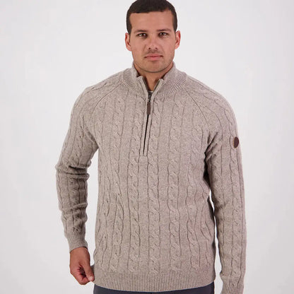 Men’s beige Swanndri Doncaster V2 Zip Cable Knit sweater with quarter-zip detail