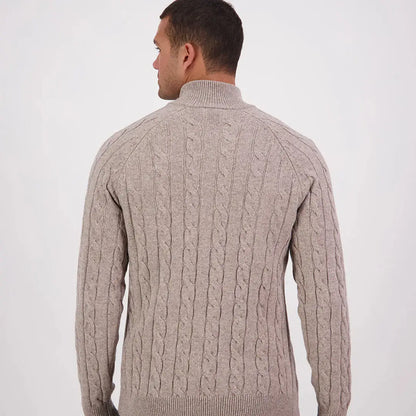 Men’s beige Swanndri Doncaster V2 Zip Cable Knit turtleneck sweater for a cozy look