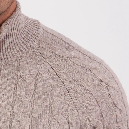Close-up of Swanndri Doncaster V2 Zip Cable Knit sweater with beige ribbed mock neck