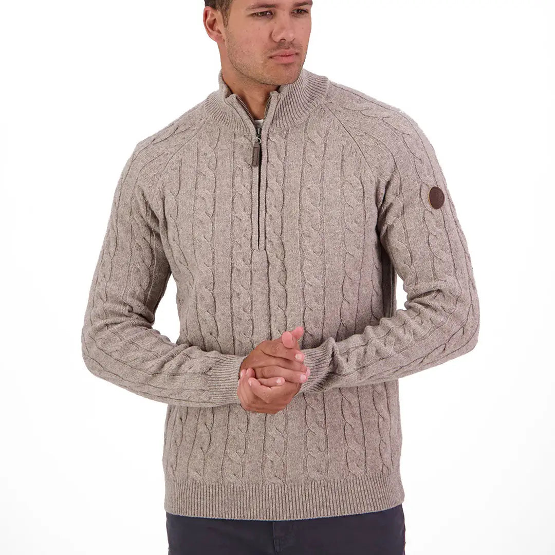 Men’s beige Swanndri Doncaster V2 Zip Cable Knit sweater with stand-up collar