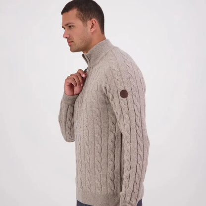 Men’s beige Doncaster V2 Zip Cable Knit sweater with round brown patch on left sleeve