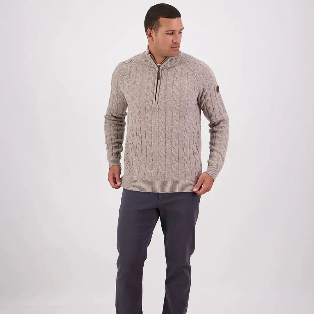 Men’s beige Swanndri Doncaster V2 Zip Cable Knit sweater with quarter-zip detail