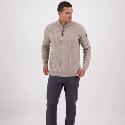 Men’s beige Swanndri Doncaster V2 Zip Cable Knit sweater with quarter-zip detail