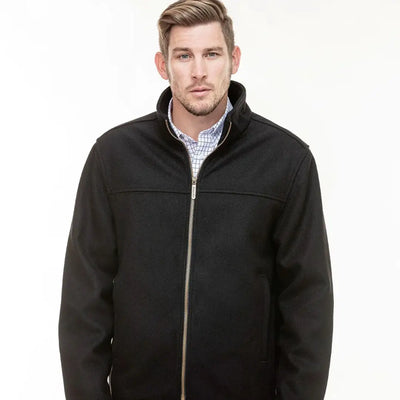 Men’s black Swanndri Falcon Jacket with full zip and standing collar for outdoor style