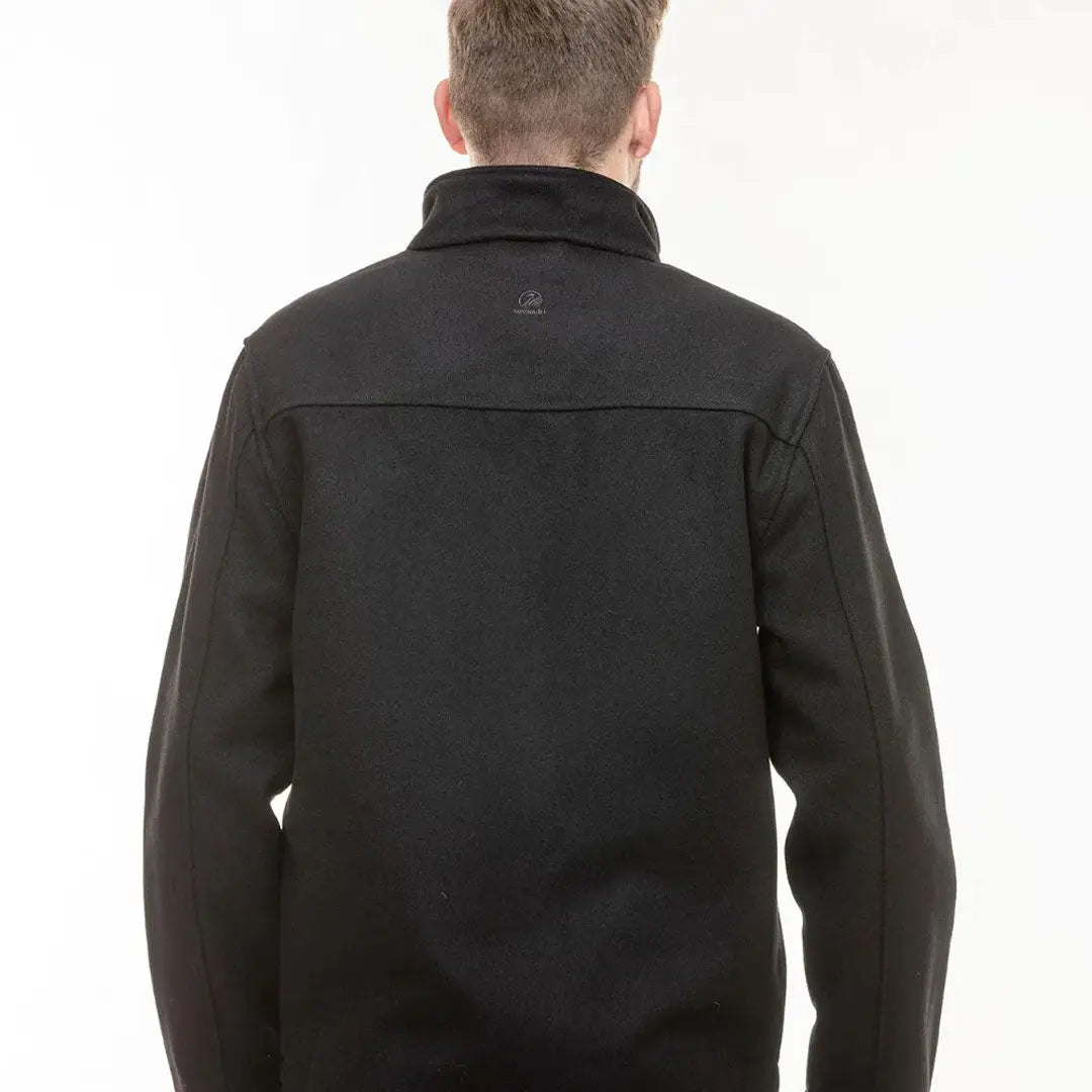 Black Swanndri Falcon Jacket with stand-up collar, perfect for outdoor adventures