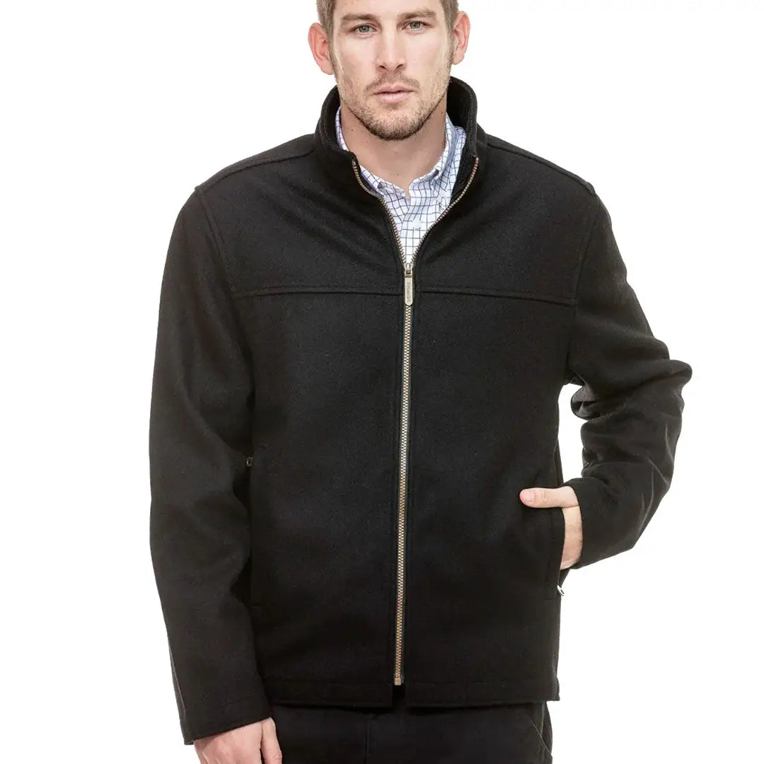 Men’s black Swanndri Falcon Jacket with full-zip, collar, and side pockets for style