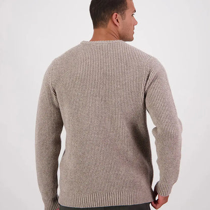 Men’s beige Swanndri Fistral Waffle Knit crew neck sweater for cozy style