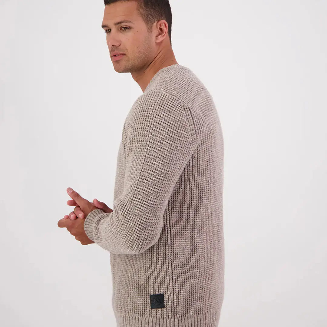 Men’s beige Swanndri Fistral Waffle Knit sweater with ribbed cuffs and hem