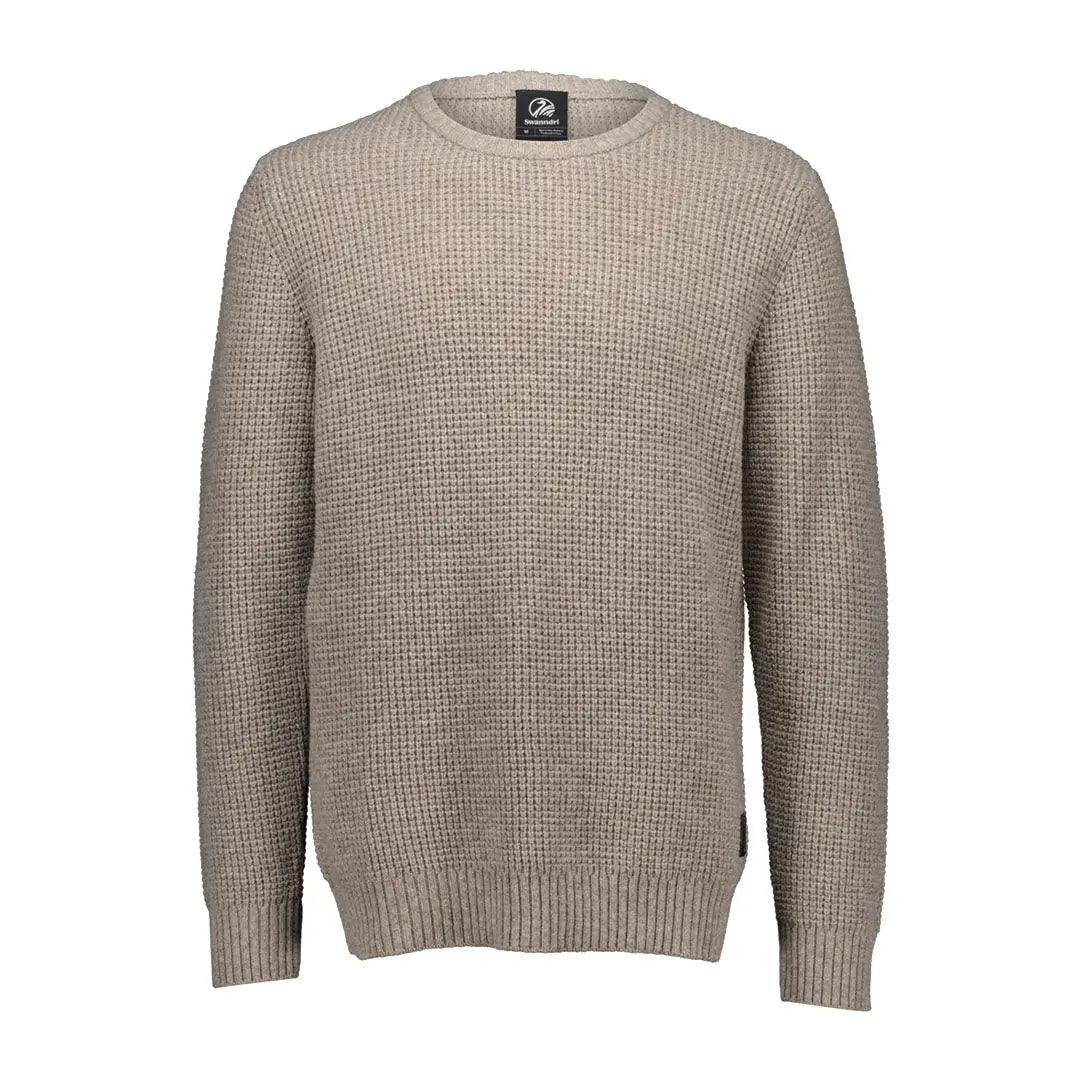 Men’s beige Swanndri Fistral Waffle Knit crew neck sweater with ribbed cuffs and hem