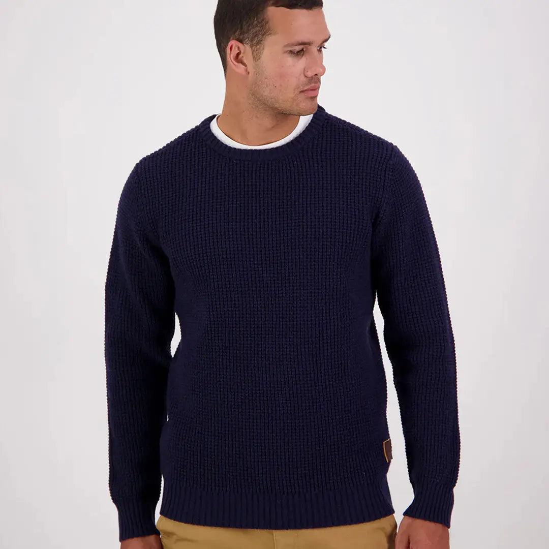 Men’s navy blue Swanndri Fistral Waffle Knit sweater in waffle knit style