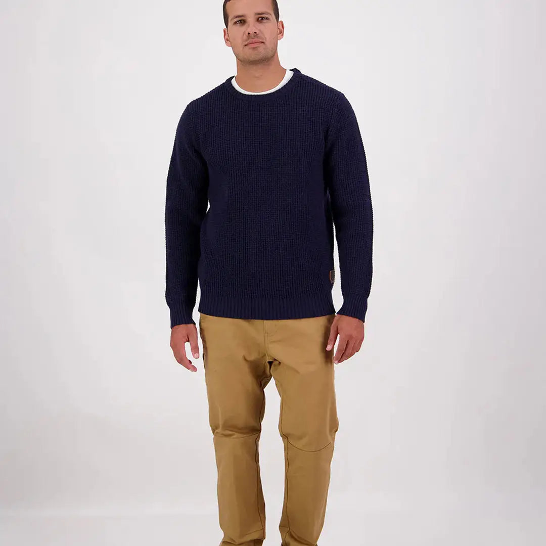 Men’s navy blue Swanndri Fistral Waffle Knit crew neck sweater in waffle knit style