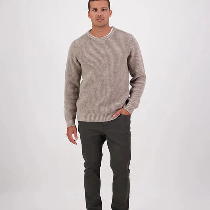 Men’s long-sleeve crew-neck waffle-knit sweater in taupe, Swanndri Fistral Waffle Knit style