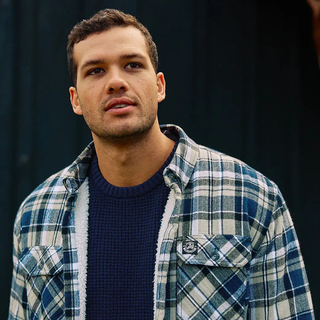 Men’s blue and cream plaid flannel shirt with sherpa lining, Swanndri Fistral Waffle Knit style
