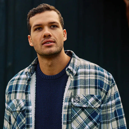 Men’s blue and cream plaid flannel shirt with sherpa lining, Swanndri Fistral Waffle Knit style