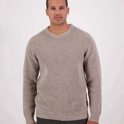 Men’s light brown Swanndri Fistral Waffle Knit crew neck sweater displayed
