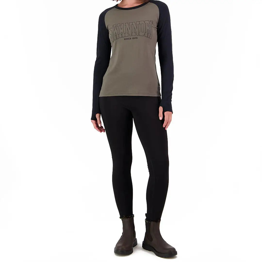 Swanndri High Rock womens long-sleeved raglan t-shirt with graphic print for rock womens legging
