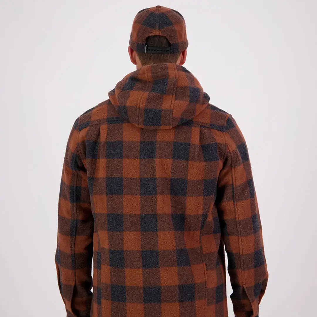 Men’s rust and black plaid wool hoody from Swanndri Hudson Wool collection