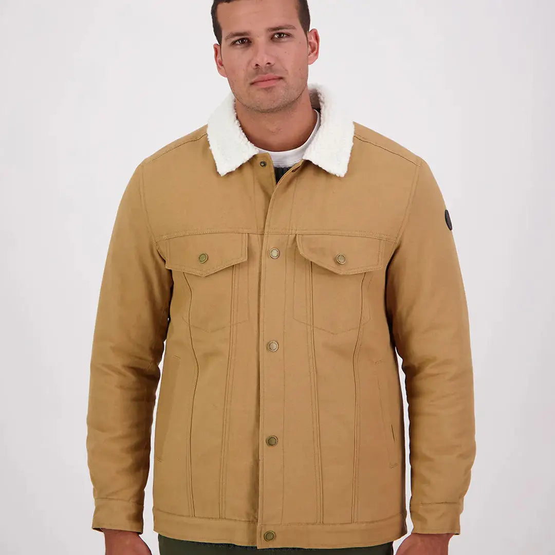Men’s camel-colored denim jacket with white sherpa collar from Swanndri Kaituna Mens Canvas
