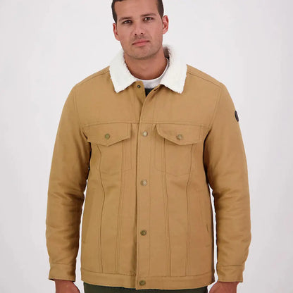 Men’s camel-colored denim jacket with white sherpa collar from Swanndri Kaituna Mens Canvas