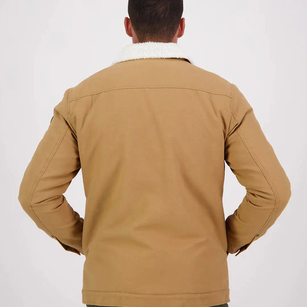 Men’s tan jacket with white sherpa collar from Swanndri Kaituna Mens Canvas Jacket collection