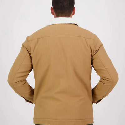 Men’s tan jacket with white sherpa collar from Swanndri Kaituna Mens Canvas Jacket collection