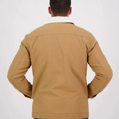 Men’s tan jacket with white sherpa collar from Swanndri Kaituna Mens Canvas Jacket collection