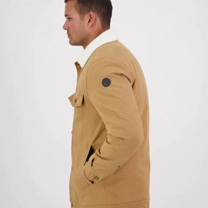 Swanndri Kaituna Mens Canvas Jacket with tan color, sherpa collar, and pockets