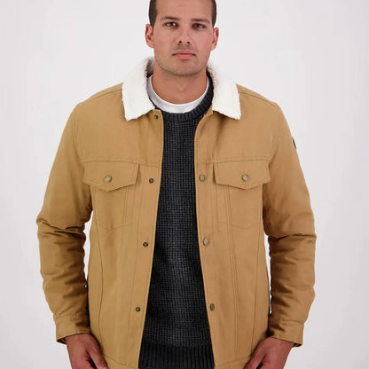 Men’s tan Swanndri Kaituna Mens Canvas Jacket with faux shearling collar and dark gray sweater