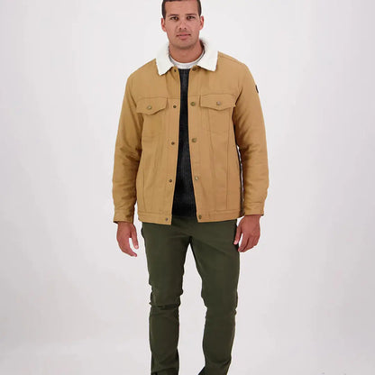 Men’s tan Swanndri Kaituna Mens Canvas Jacket with white fleece collar for a rugged look