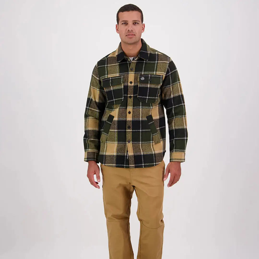 Green, black, and tan plaid wool shacket with front pockets from Swanndri Kiaraki v3 Wool