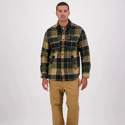 Green, black, and tan plaid wool shacket with front pockets from Swanndri Kiaraki v3 Wool