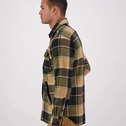 Men’s green, tan, black plaid wool shacket with chest and side pockets, Swanndri Kiaraki v3 wool