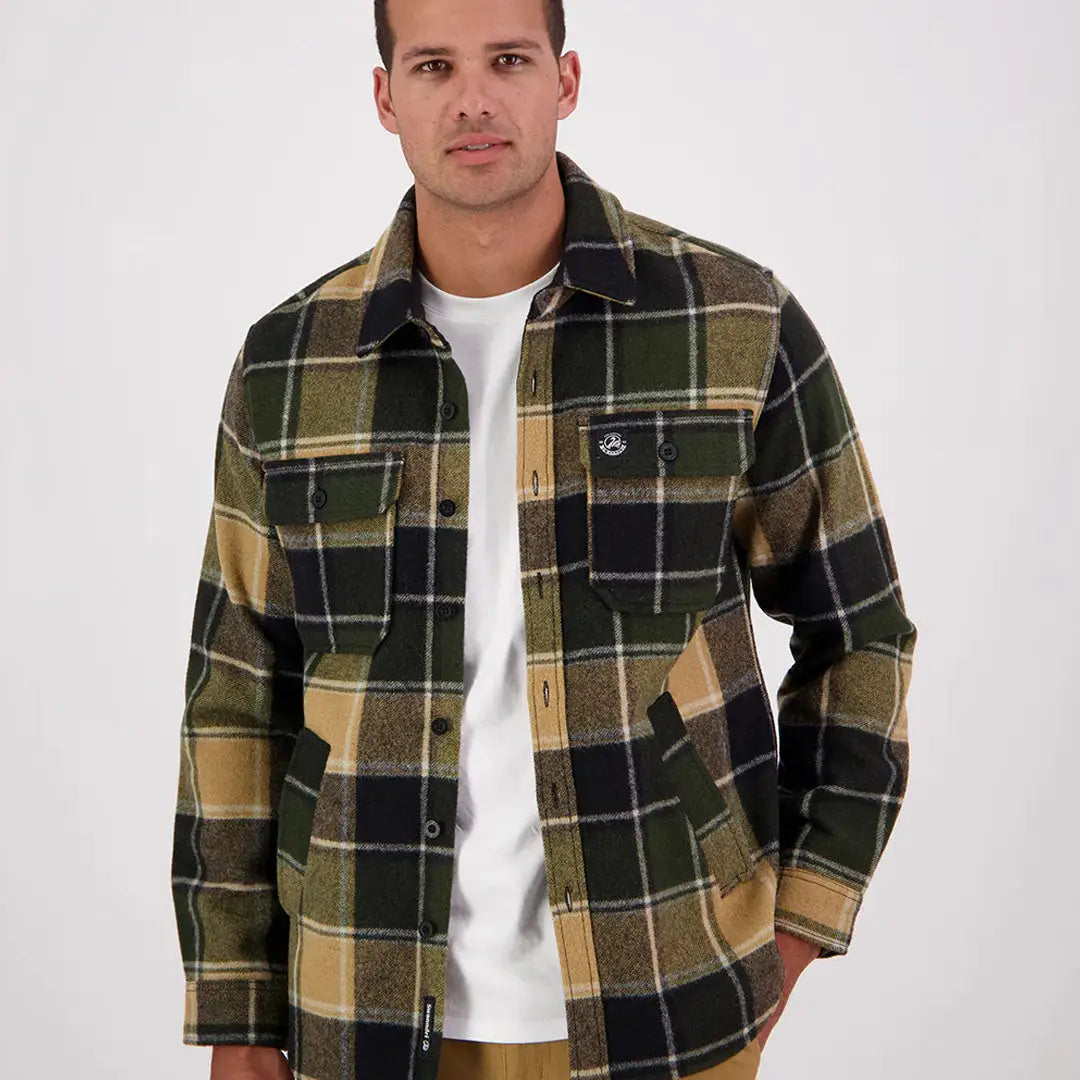 Men’s green, black, and tan plaid wool shacket from Swanndri Kiaraki v3 Wool collection