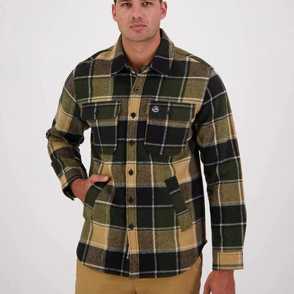 Men’s green black tan plaid wool shacket with chest and side pockets, Swanndri Kiaraki v3 wool