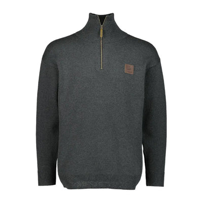 Men’s dark grey Swanndri Mariner Zip Neck Jumper with brown chest patch