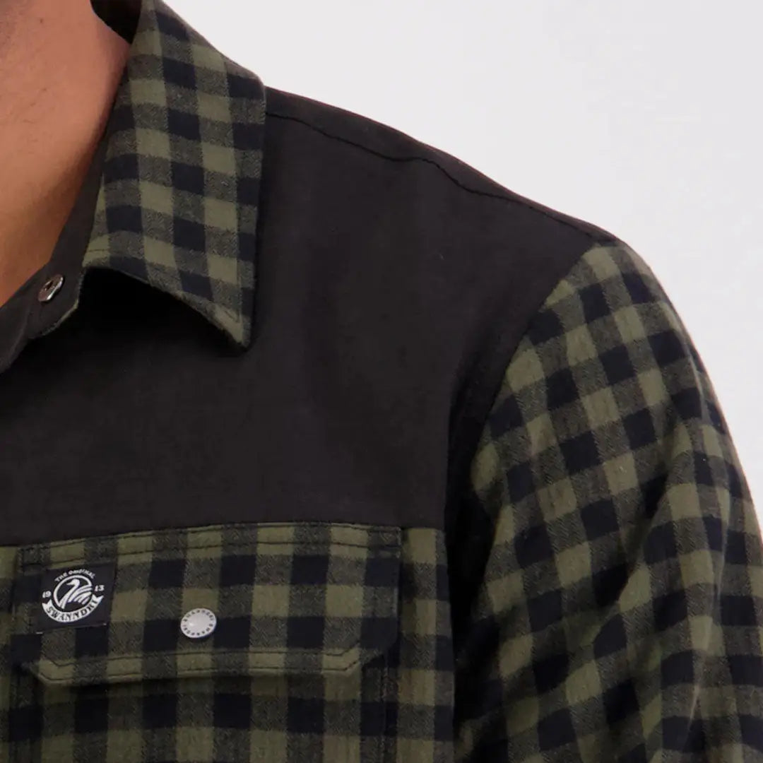 Men’s black and olive buffalo plaid Swanndri Marton Stormshield LS Shirt with black yoke