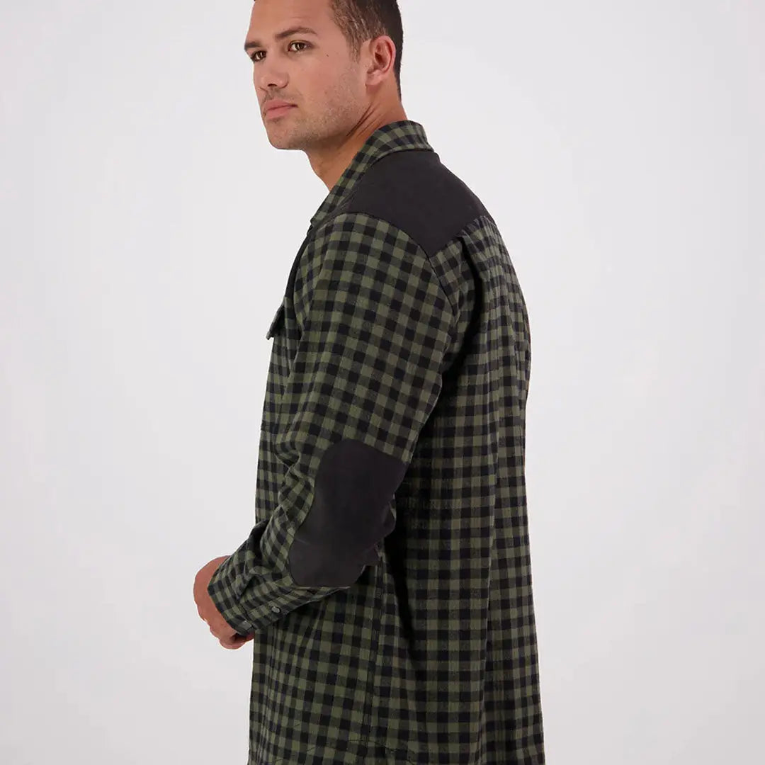 Men’s olive green and black checkered Swanndri Marton Stormshield LS Shirt with patches