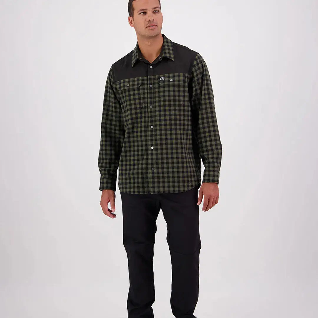 Men’s black and olive green plaid Swanndri Marton Stormshield LS Shirt with black shoulder panels