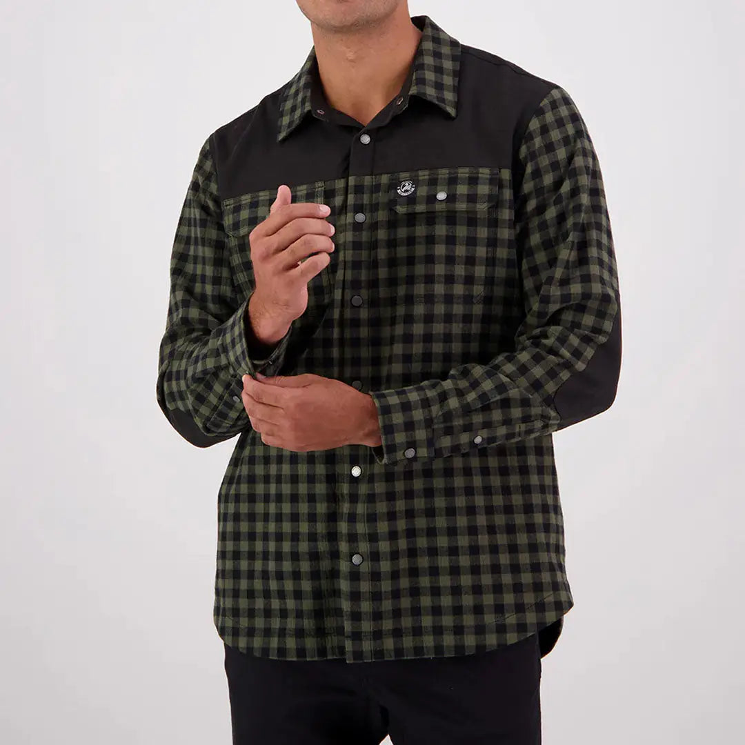 Men’s long-sleeve plaid Stormshield LS Shirt with black shoulders and elbow patches from Swanndri Marton