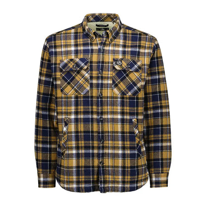 Men’s yellow navy white plaid Swanndri Morven Long Sleeve Sherpa Shirt with chest and side pockets
